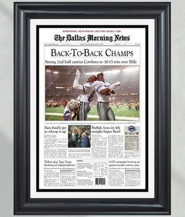 1994 Dallas Cowboys Back to Back Super Bowl Champions Framed Front Page Newspaper Print