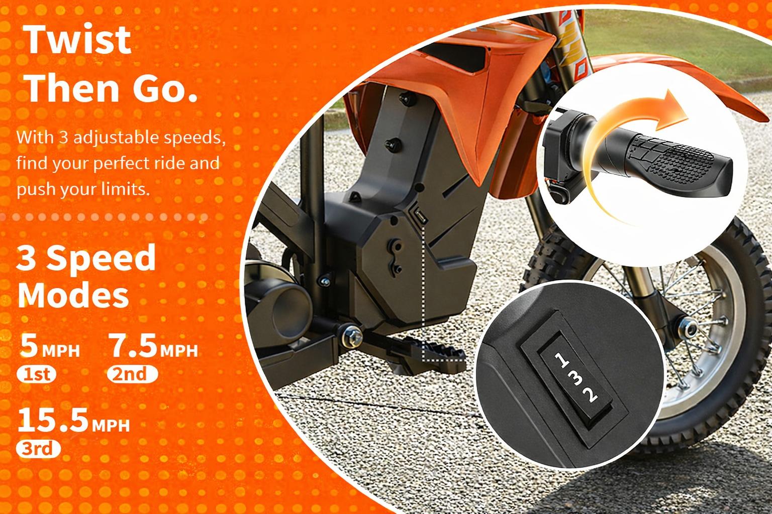 MileRocket1 Kids Electric Bike, 36V 300W Motor, 3-Speed Modes Up to 15.5MPH, 9.32 Mile Range, Dual Suspension,12 * 2.75" Tires, for Height 3.8-4.7ft