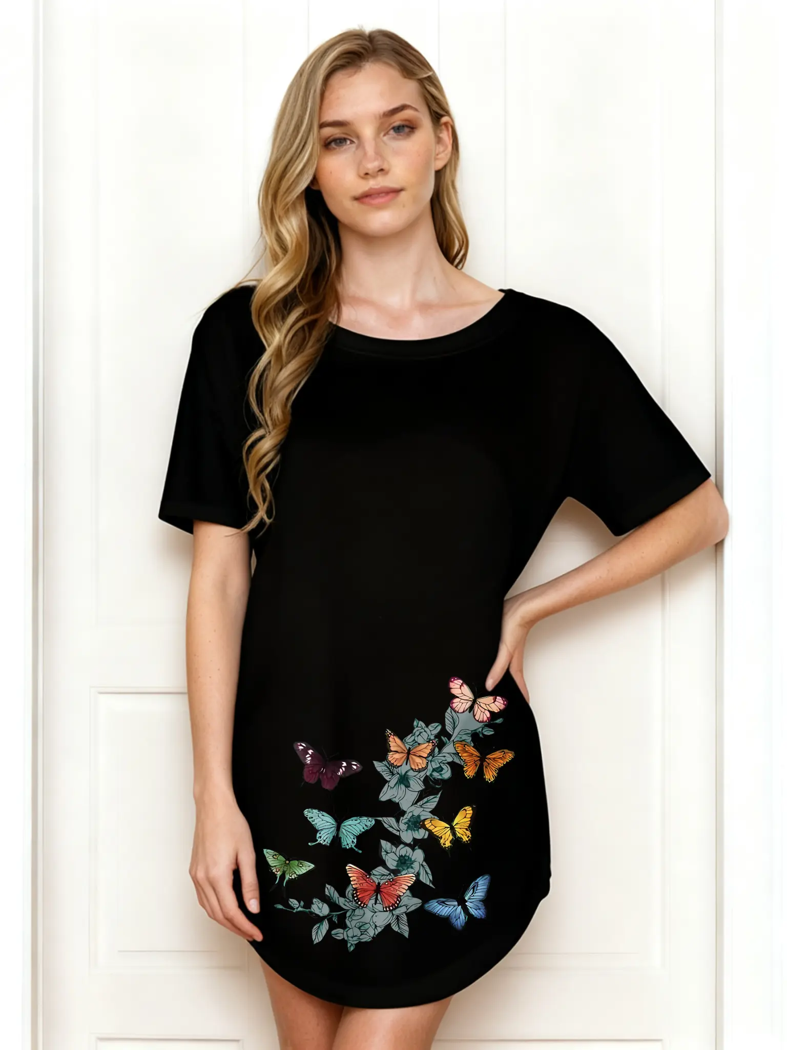 Women's Spring Casual Short Sleeve Dress - Polyester, Colorful Butterfly Floral Print, Loose, Comfortable, Wear-Resistant, Wrinkle-Resistant, Machine Washable, Decorative Flower Motifs Casual Dress for Everyday Commuter Wear, Decorative Flower Motifs Casu