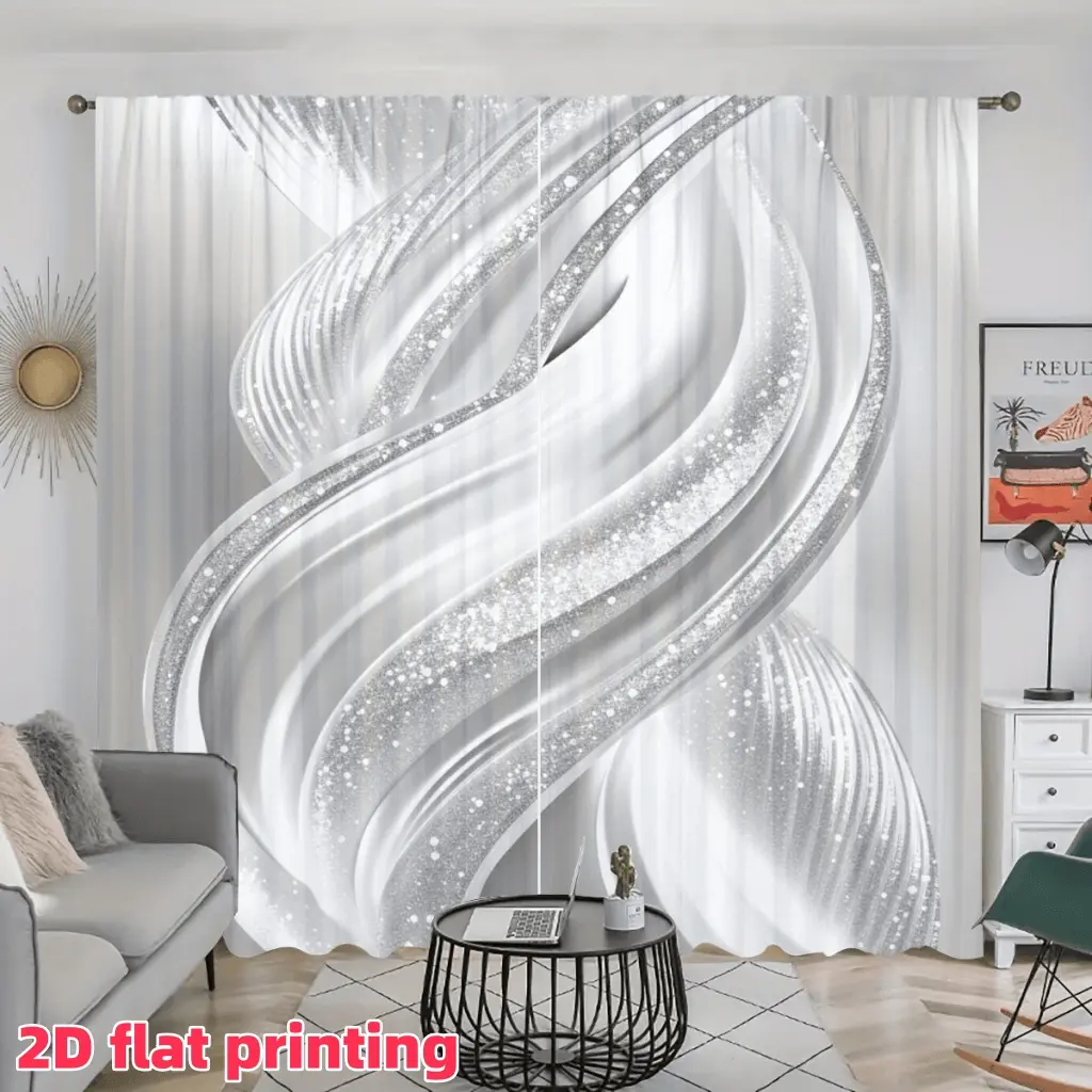 2D Flat 2Pcs Silver White Glitter Swirl Pattern Curtains, Modern Abstract Sheer Drapes, Rod Pocket Style, Semi Sunshade, Suitable for Home Living Room Bedroom Balcony Kitchen Study and Shower Window Decoration, Accessory, Anti Privacy.