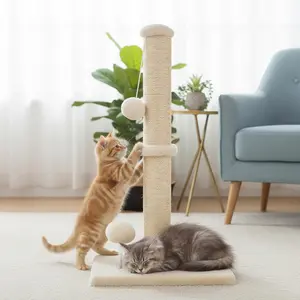 Cat Scratching Post 22/33 Inch Natural Sisal Rope Scratch Post with Stable Base & Hanging Toy Balls for Indoor Cats and Kittens