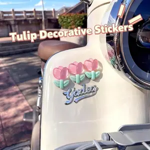 Tulip Cherry Blossom Half-Transparent Decorative Stickers Set, 3-Piece Car Body Decals, Motorcycle & Scooter Decoration, Girl Heart Design