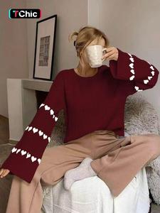 women's heart print sweater, casual long sleeve round neck jumper for fall & winter, fashion ladies' knitwear for daily wear valentine's day, gift