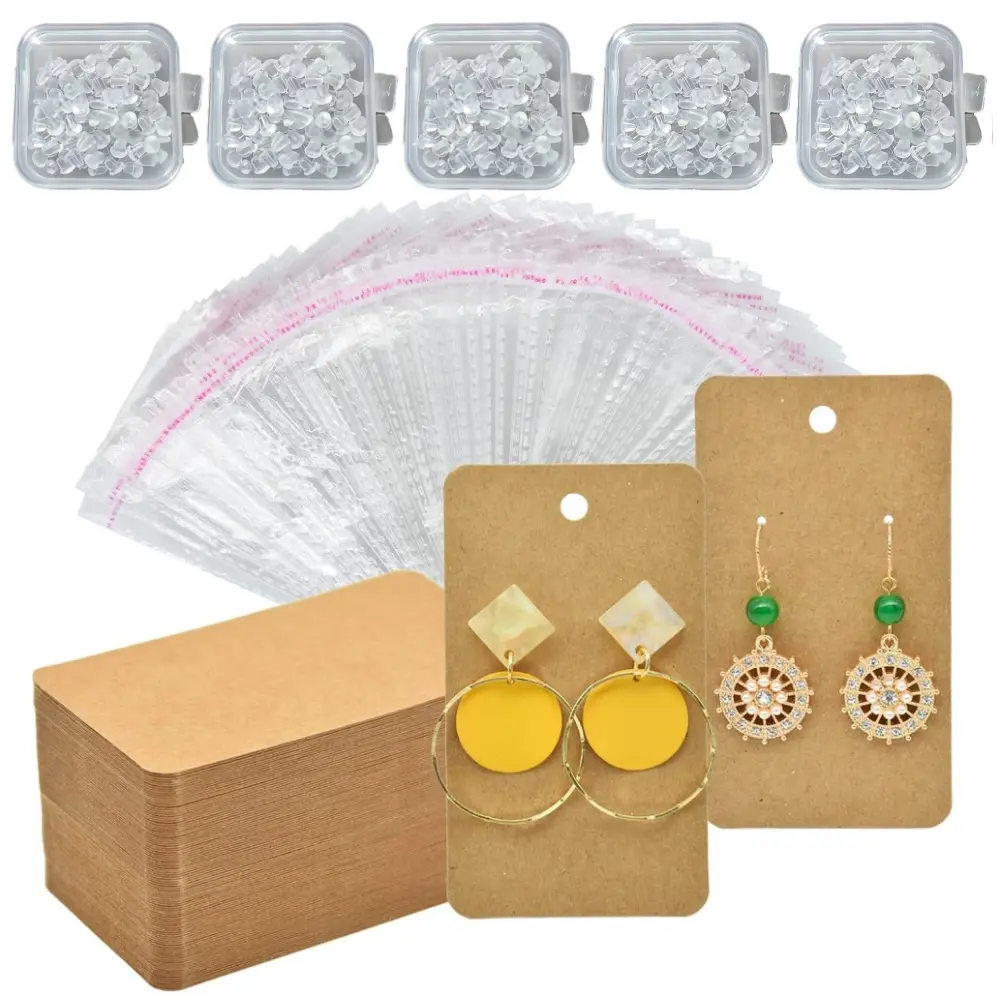 500 pcs Earring Display Card with Seal Bags and Earring Stud Backs Brown Kraft Necklace Display Card Holder for Jewelry Making Packaging