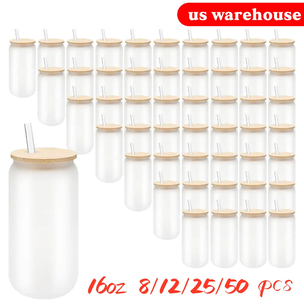6/8/12/25/50 Pack Sublimation Glass cute water Bottle Frosted 16oz Blanks Sublimation glasscups Tumbler with bamboolid masonglass fresh drink, Reusable Bottle Drinkware Portable Bottled Washable creative gift aesthetic glassware goku Cup collection