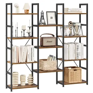 Triple 4 Tier Bookshelf, Tall Book Shelf with 11 Open Display Shelves, Adjustable Industrial Bookcase in Living Room, Bedroom, Wide Metal Bookshelf Book Case for Home & Office, Rustic Brown