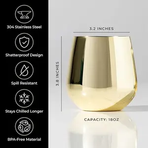 Wills and Elm Stemless Stainless Steel Wine Glasses Set of 4 with Aerator - Unbreakable Wine Glasses - 18oz Gold
