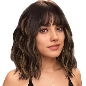 【Flash Sale】SummerVibes AISI HAIR 16 inch short Curly Bob Wig with Bangs Natural Brown with Blonde Highlight Short Wavy Bob Hair Wigs for Women Natural Looking Heat Resistant