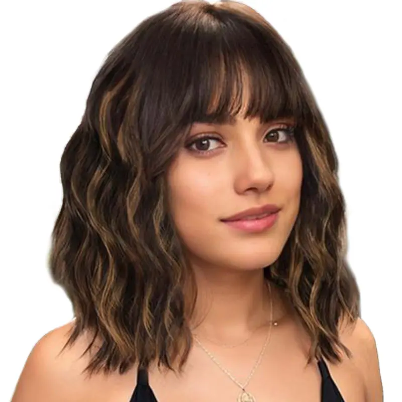 Sohochic AISI HAIR Women's 14in-16in Glueless Curly Wig, Pre-Cut Synthetic Curly Wavy Short Loose Bob with Bangs, Natural Brown-Blonde Highlights, Heat-Resist Hair, Adjustable Strap Fashion Accessory