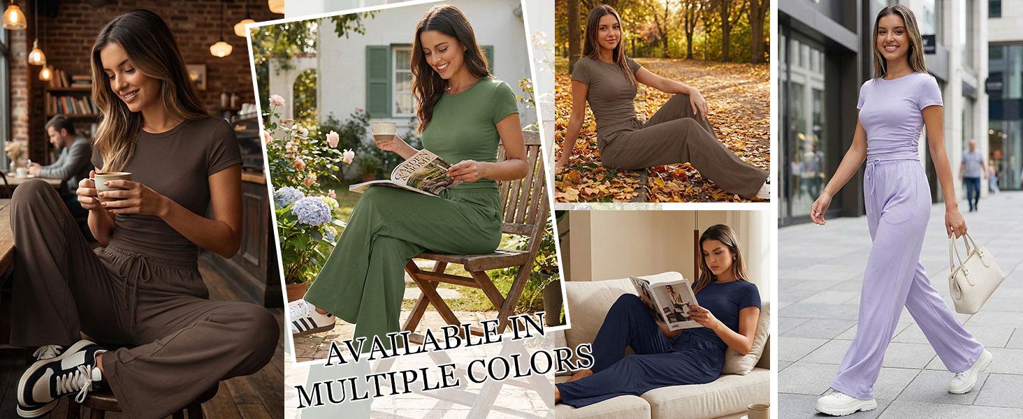 TFNOSIZE Women’s Summer Sports Set – Short-Sleeve Crewneck T-Shirt and Wide-Leg Pants Two-Piece Set, Stretch Fabric, Suitable for Yoga, Casual Wear, Daily Exercise, Fitness, Running, and Fashionable Women’s Clothing Set