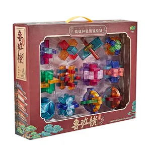 Transparent Glass Color Luban Lock 24 PCS Set, Chinese Traditional Educational Puzzle, Multiple Difficulty Brain Teaser Kongming Lock, Ideal Children's Day Gift