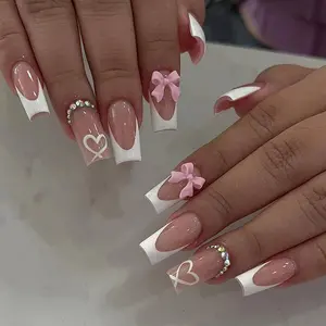 24pcs Long Square French Bow Heart Rhinestone Press-On Nails Set, Nail Art Design, Includes Jelly Glue and Nail File, Perfect for Parties Dance Daily Use
