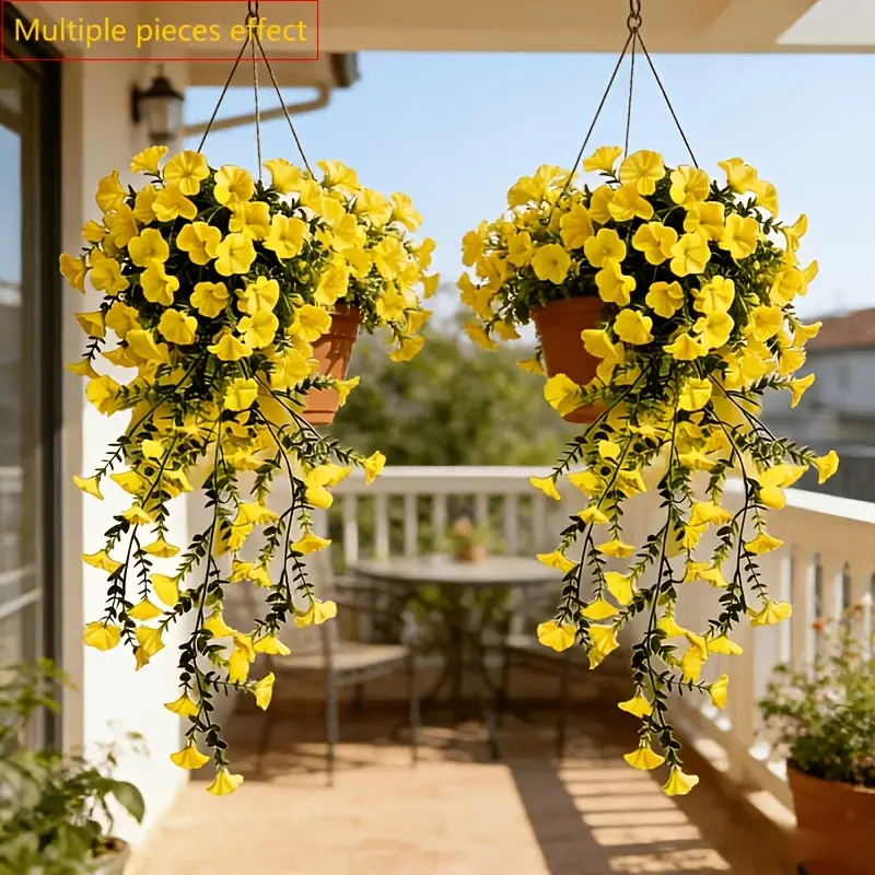 A Pack (4-piece Set) Of Large-sized Yellow Artificial Petunia Or Morning Glory Flowers. Suitable For Spring Hanging Floral Arrangements. Maintenance-free Artificial Flowers. Decorative Items For Home, Garden, Balcony, Porch, Gazebo Or Vertical Wall