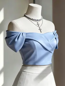 Womens Elegant Satin Crop Top, Light Blue Off Shoulder with Ruched Short Sleeve, Bodycon Blouse for Party, Brunch, Wedding Guest