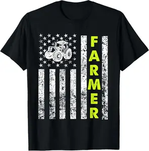 100% Cotton Flag With Tractor Patriotic Farmer T-Shirt Fabric Menswear gift for all streetwear