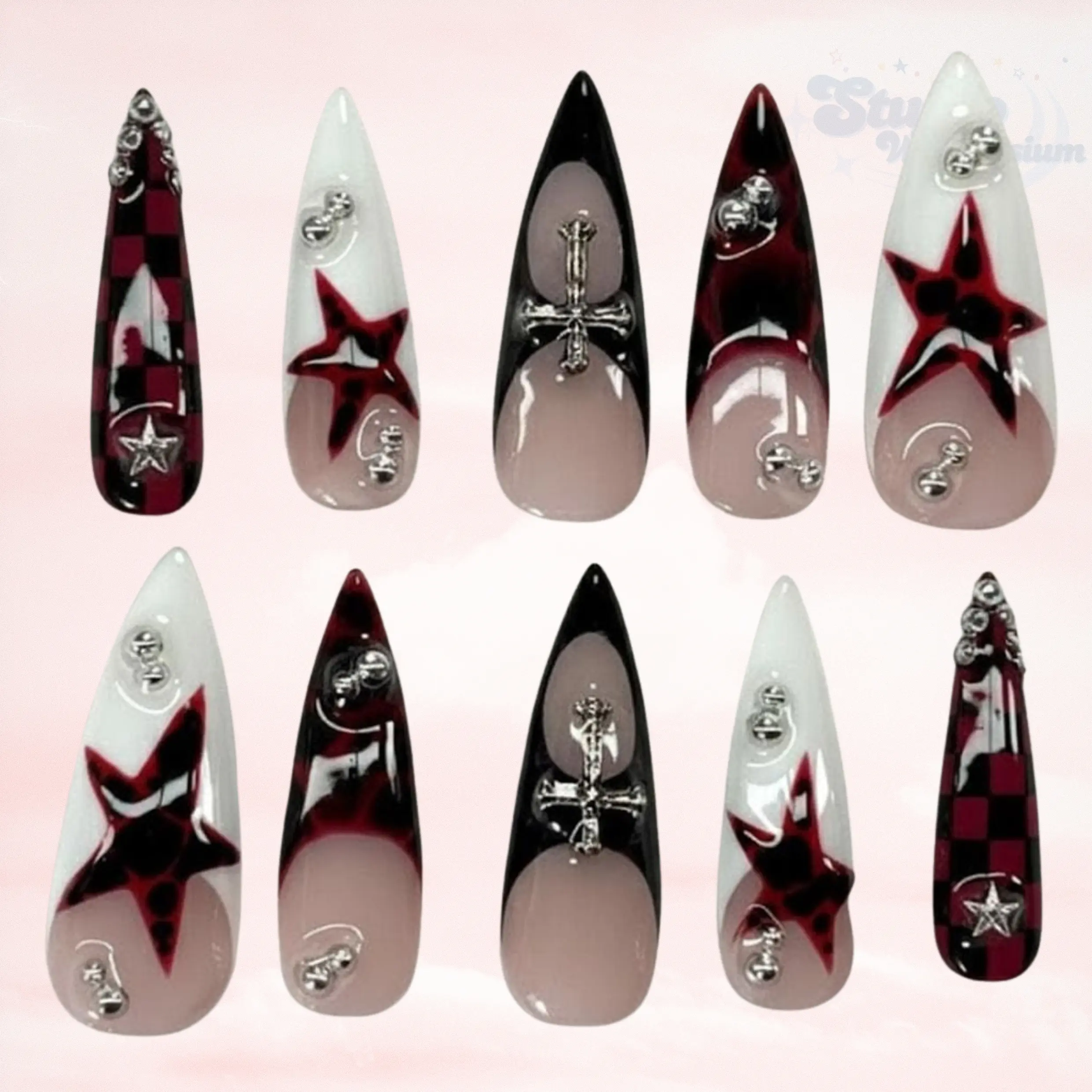 Gothic Star Press On Nails, Buffalo Plaid Nails, Black Red French Tip Nails, Cross Charm Nails, Alt Grunge Y2K Handmade Nail Set