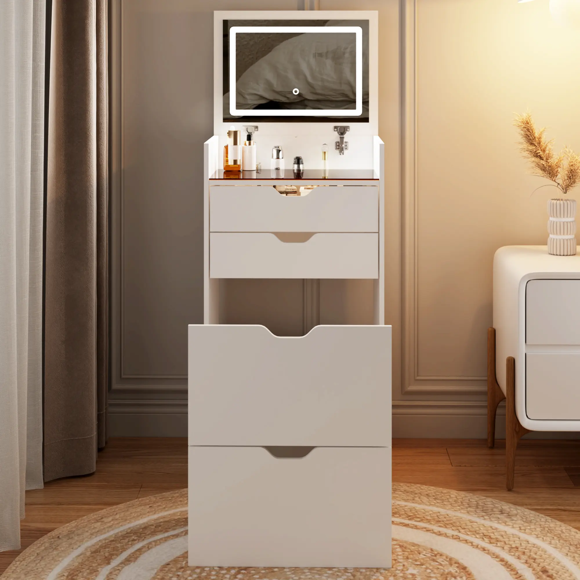 3-in-1 Adjustable Dressing Table Vanity Set with HD 3-Color Flip-Up Mirror, Acrylic Top Waterproof Desk, Foldable Hidden Storage Stool, 2 Sliding Drawers, Sturdy Design for Small Bedrooms Vanity Organization