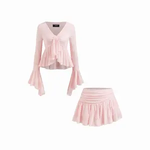 Cider Lace V-neck Pointelle Bell Sleeve Crop Top With Ruched Mini Skirt Set Cider Lace V-neck Pointelle Bell Sleeve Crop Top With Ruched Mini Skirt Set