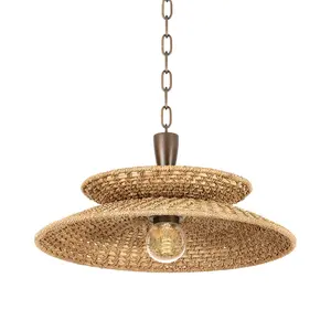 Coastal Landry Pendant Light With Double Stacked Abaca Fiber Shades And Vintage Gold Leaf Chain