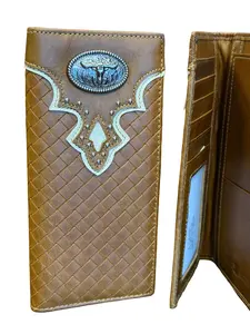 Western Tooled Bifold Wallet for Men – Basket Weave Leather Look Rodeo Wallet with Bull Concho