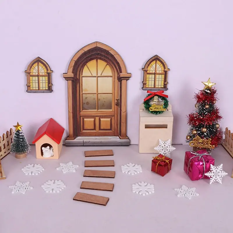 Miniature Wooden Dollhouse Doorway Set, European Style Windows & Doors Models, Vintage Christmas Scene Props, Perfect for Holiday Decorations, Miniature Furniture