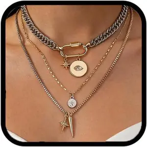 Gold Layered Necklaces for Women, 2PCS/3PCS Mixed Metal Necklace Set with Gold and Silver Necklace Chains with Evil Eye, Star & Spike Charms, Chunky Necklaces for Women & Necklace Stack Trendy Pendant Jewelry Birthday Mothers Day Gifts for Mom Daughter