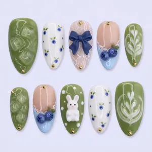 Handmade Blueberry Bunny Press On Nails, 3D Rabbit Nail Set, Cottagecore Leaf Art & Lace Accents, Nature Nails For Soft Kawaii Vibes