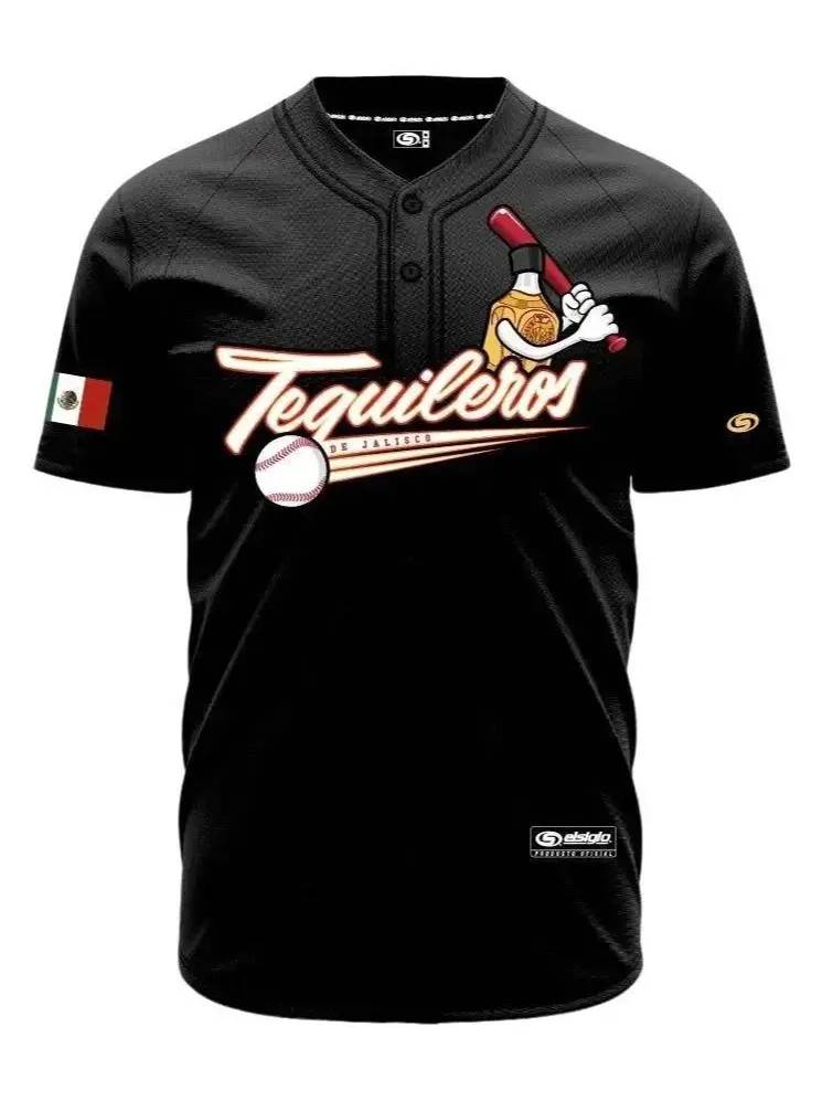 2.0 (BLACK) Tequileros De (JALISCO) Jersey - Fitted Short Sleeves, Breathable Material for Baseball and Softball Enthusiasts