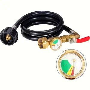 Universal LP Propane Gas Hose with Propane Level Indicator Gauge & Shutoff Valve, Durable Rubber Extension Line for Outdoor Cooking Equipment