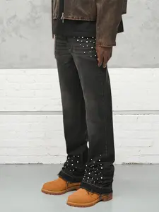 Men's Heavy Crafted Embroidered Fitted Flare Jeans, Gradient Beaded Denim Jeans, Casual Elastic Flare Jeans, Comfortable Fashion Design