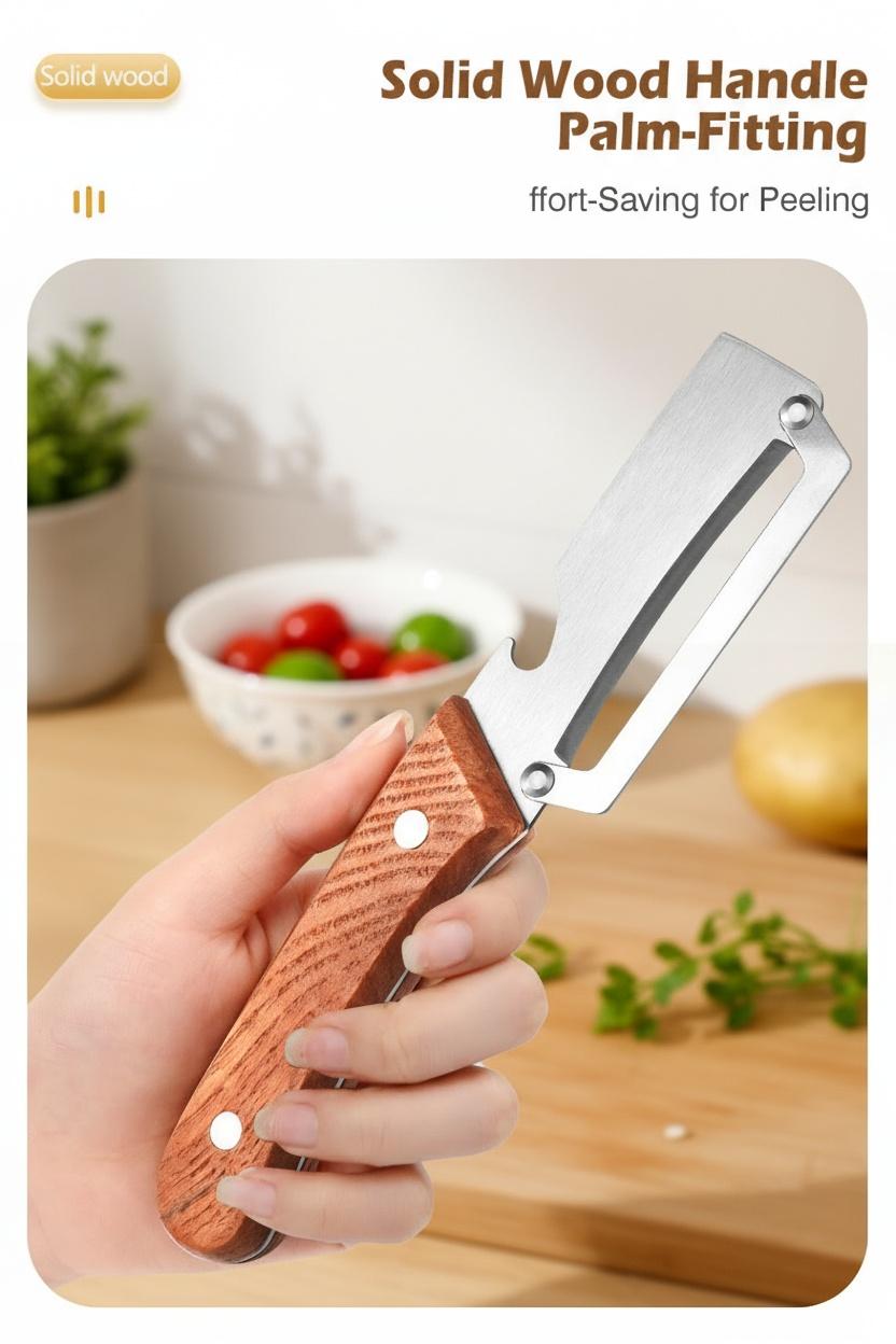 Wooden-Handled Stainless Steel Sharp Peeler with Built-In Bottle Opener for Fruits & Vegetables Ergonomic Non-Slip Handle Long-Lasting Construction Essential Kitchen Tool