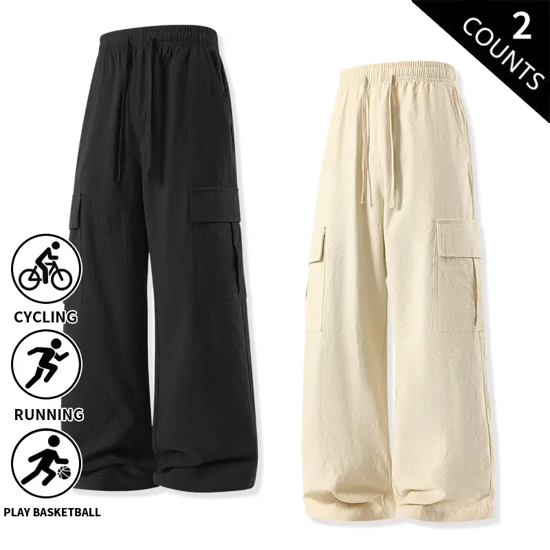 Men’s 2-Pack Pure Cotton Wide-Leg Cargo Pants, Elastic Drawstring Waist, Loose Fit, Multiple Pockets, Breathable Casual Streetwear Everyday Pants