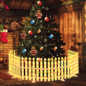 10FT Expandable White Plastic Picket Garden Fence Xmas Tree Surround Ornament - Waterproof, Frostproof, Interconnectable, Solar Auto-Recharge, Remote Setting - for Indoor Xmas, Yd, Wedding Holiday Decor