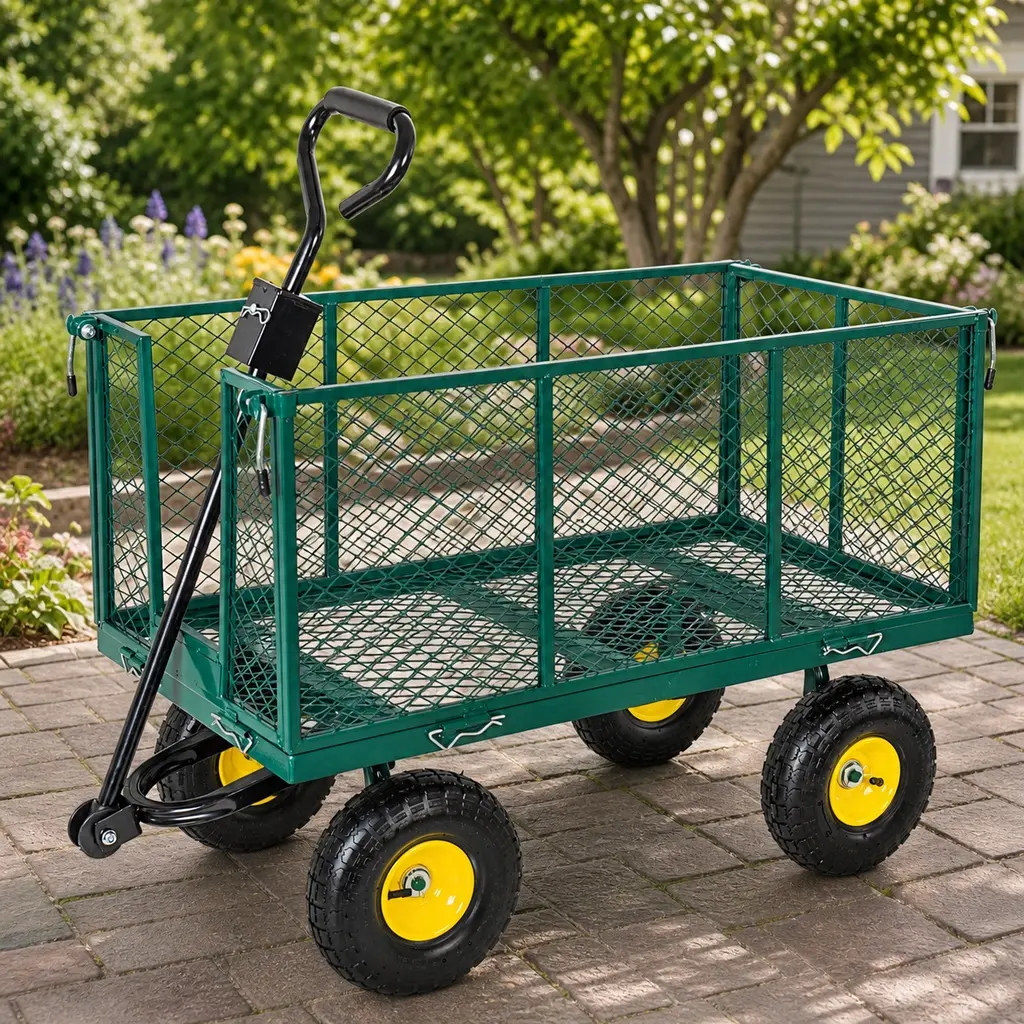3-in-1 Oversized Steel Garden Cart 880lbs Pullable Mesh Utility Wagon with Removable Liner Side Panels Mesh Tray All-Terrain 10in Rubber Tires Heavy Duty Rust Resistant for Lawn Patio Landscaping Green, Green Color Options, Steel Material