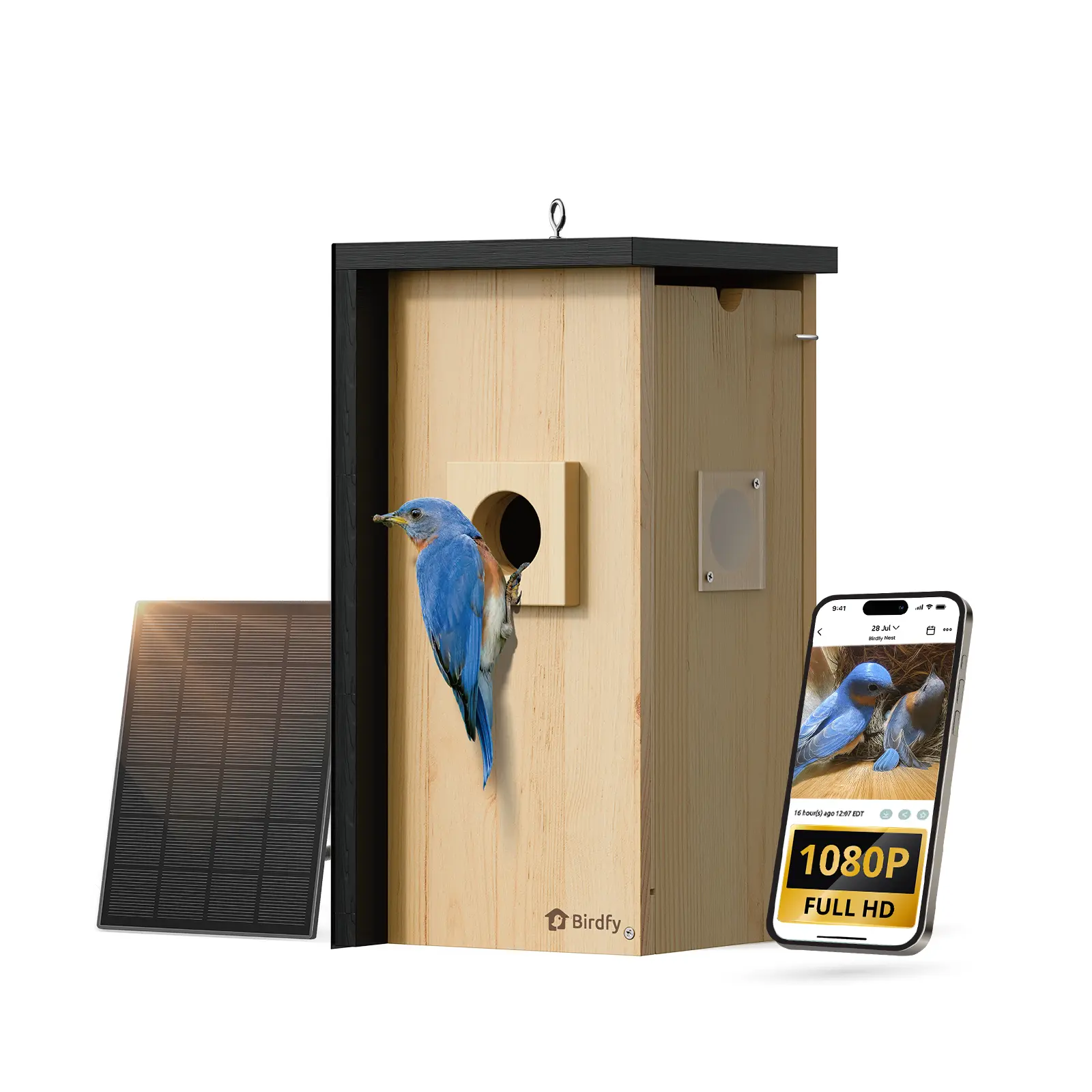 Birdfy Nest - Cunninghamia Wooden Smart Birdhouse with Camera, Solar Panel, Charging Cable, Remote Control, Waterproof Outdoor Bird House for Pet Lovers, Pet Supplies Bird Cages & Accessories, 10-Foot Cable