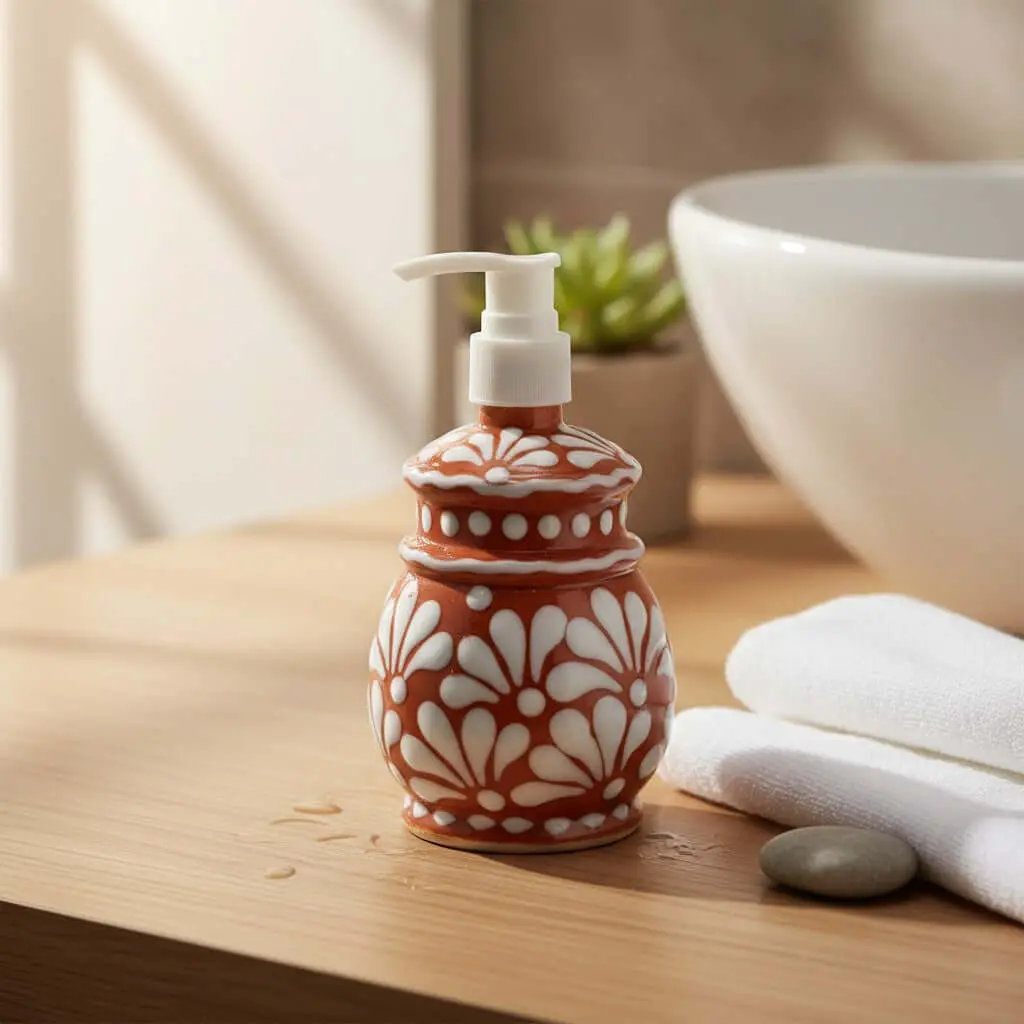 Talavera Soap Dispenser | Floral Brown & White Design