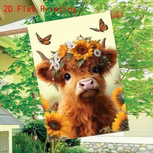 2D Flat Garden Flag Flower-adorned Cute Calf, Heal the Spring Party Outdoor Indoor Home Decoration, Suitable for home, garden, patio, porch ,Holiday，Festival Party Decorations  Garden Flag, Garden Accessories