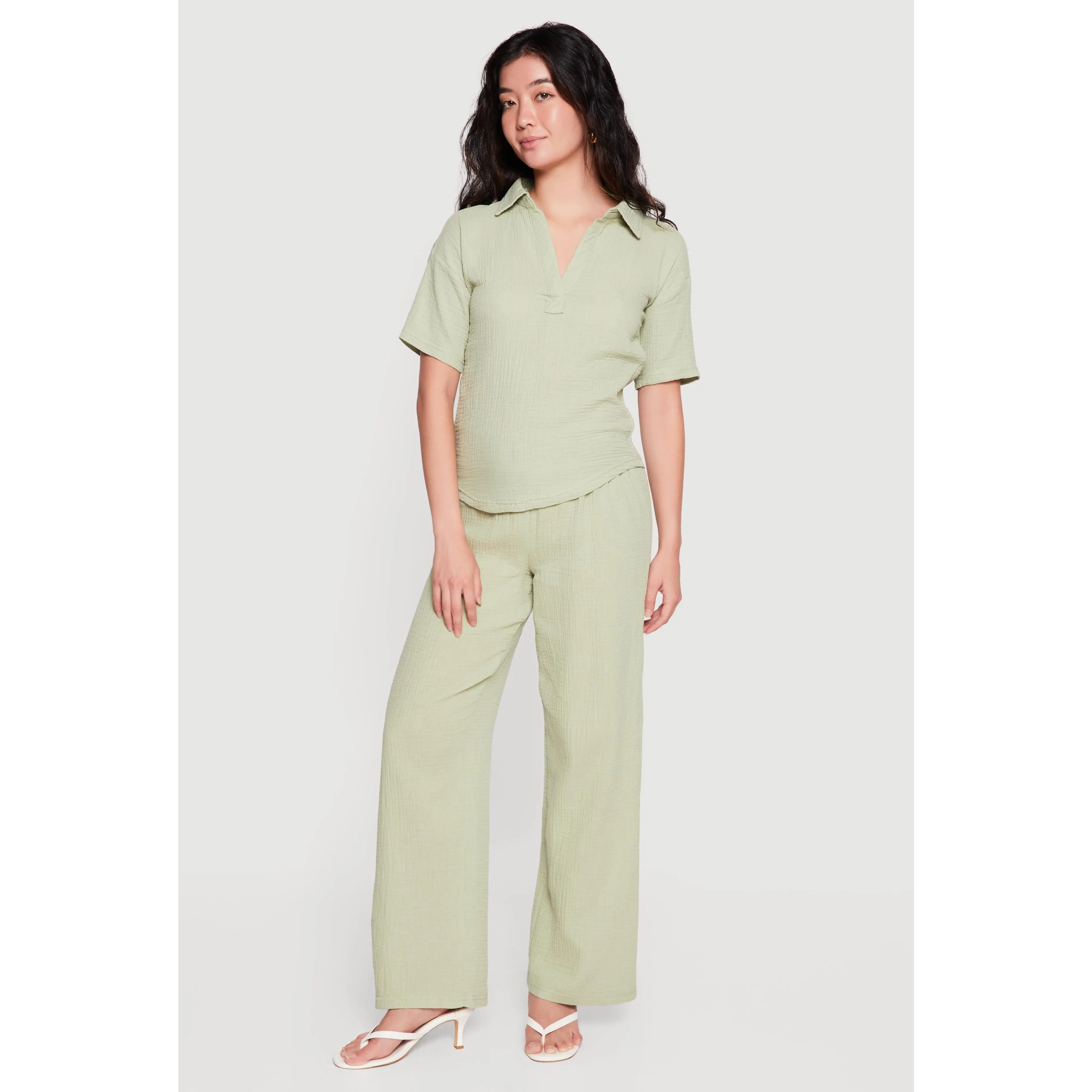 Solid Johnny Collar Gauze Knit Shirt and Pants Set