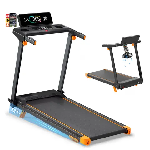 Foldable Compact Treadmill Walking Pad - Home Workout Gear, At Home Gym Equipment, 330lb Capacity, 12 km/h (7.5 MPH) Incline, Cushioned Belt, HD Display, App Route Guidance, Bluetooth Speaker, Compact Frame