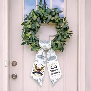 USA 250th Anniversary Wreath Sash, Blue And White Toile Patriotic Door Hanger, Semiquincentennial Decor, Fourth Of July Outdoor Ornament