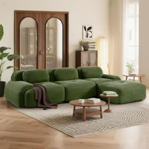 116" Modern L-Shaped Modular Sectional Sofa for Living Room, Corduroy Upholstery Oversized 3-Seater Couch with Deep Seat and Movable Ottoman-No Assembly, Green