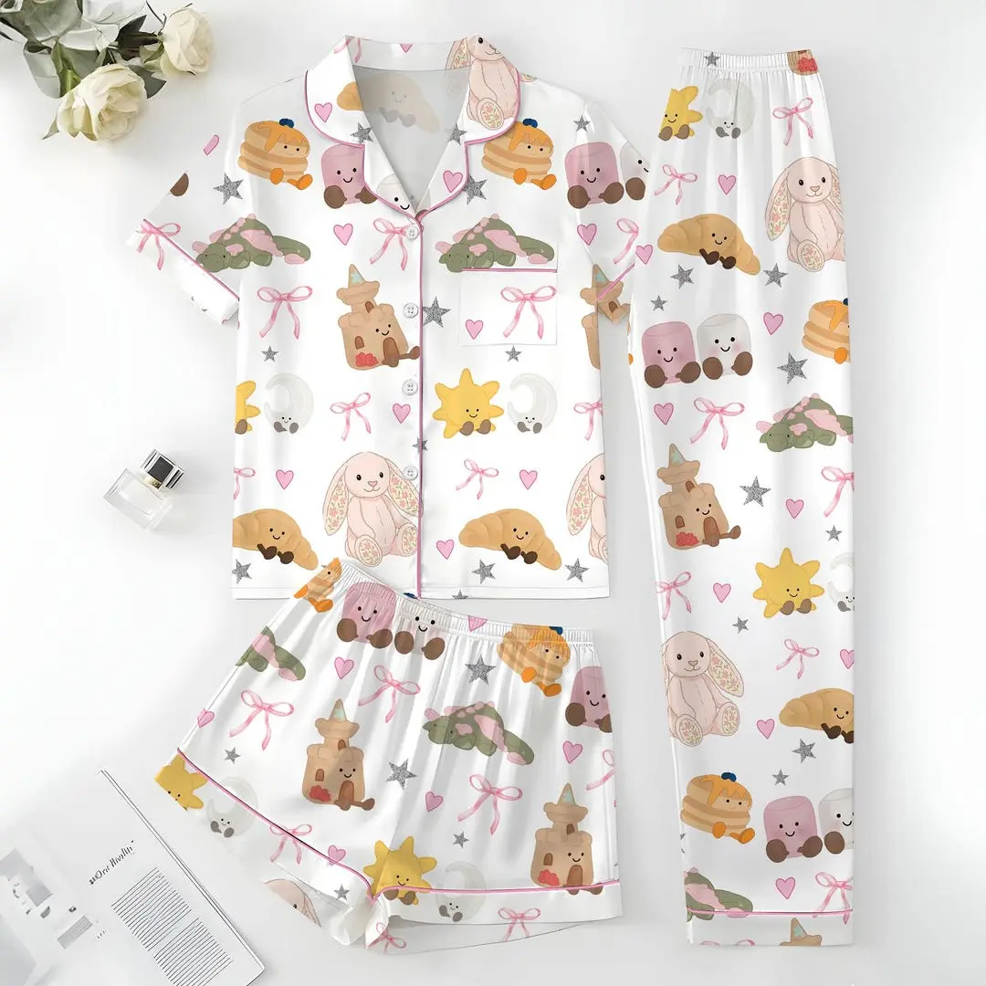 Jellycat Coquette Bow Satin Pajama Set, Cute Plush Inspired Silk Pajamas, Soft Cozy Sleepwear Gifts