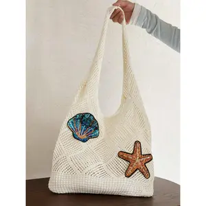 Women's Starfish & Shell Decor Handmade Tote Bag, Casual Large Capacity Shoulder Bag for Beach Vacation, Trendy All-match Bag for Daily Use