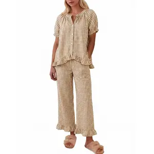 MUSE Theory Y2k Gingham Plaid Short Sleeve Shirt Ruffle Hem High Waist Bell Bottom Pants Cute Soft Lounge Pajama Two Piece Set For Women Theory