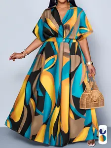 Summer Elegant Casual Plant Print Women's Dress, Bohemian Sun Dress, Plus Size V Neck Short Sleeve High Waist Button Long Dress, Fashionable Ladies Clothing