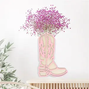 Boot Vase Decor for Wall, Wooden Cowgirl Cowboy Boot Vase Decor for Flower, Farmhouse Cowboy Boot Centerpieces for Tables, Boot Planter, 10 x 6.7 inch, Pink Decorative Floral