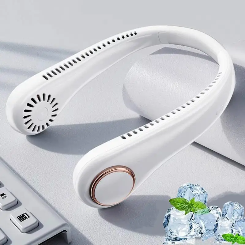 Hands Free Neck Fan for sports, travel and office use - Rechargeable bladeless cooling technology with up to 8 hours of run time - Wearable headphone