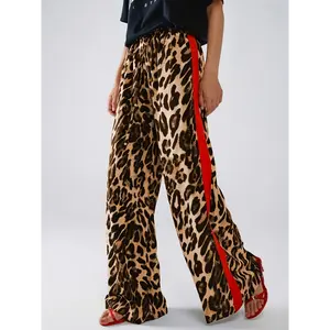 DressWomen's Leopard Print Wide-Leg Pants with Red Side Stripes - Spring Summer Casual Trousers, Elastic Waist Drawstring, Machine Washable Loose Fit Long Length for Casual Outings, Spring Fashion Wear| Contrast Stripe Design| Smooth TextureMother