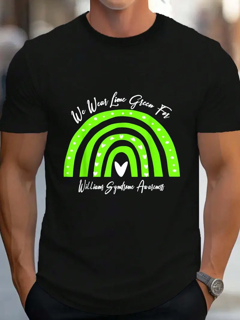 100% Cotton Williams Syndrome Awareness Wear Lime Green Rainbow Heart T-Shirt Women's Men's Graphic Tee Crew Neck summer vacation Tops