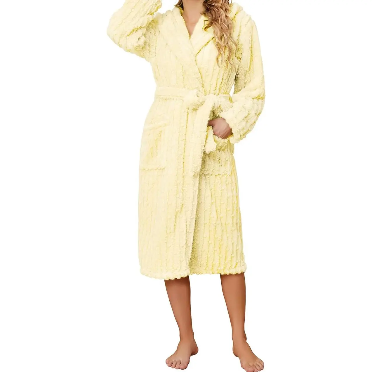 Women's Long Hooded Dressing Gown, Fuzzy Jacquard Bathrobe, Cozy and Soft Loungewear with Pockets, Plush, Jacquard Dressing Gown, Plaid, Clothes, Polyester, Pom-Poms, Full-Length, Pocketed, Machine Washable, Robe For Women